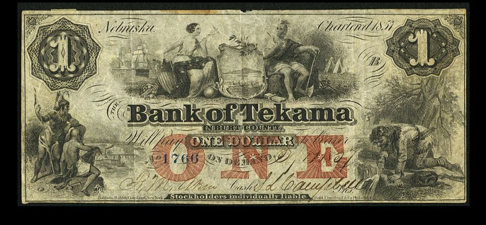 Tekama, NE 1857 $1 Bank of Tekama, 1766, VF/XF